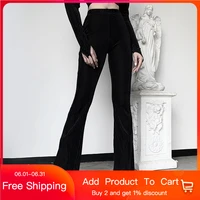 spring fashion womans retro sexy bell bottomed long pants high waist elastic casual suede ribbed loose trousers pants black