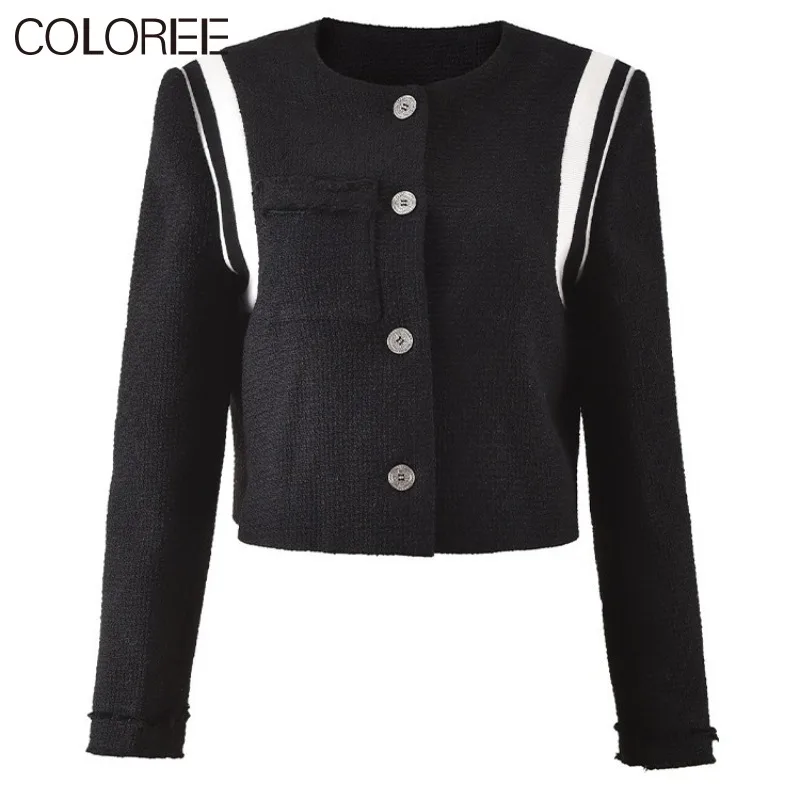 

Женский твидовый пиджак с круглым вырезом, элегантный белый и черный пиджак в Корейском стиле, 2023