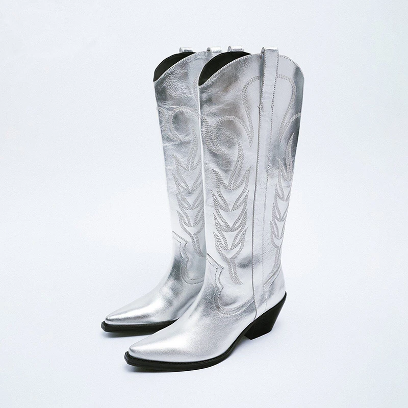 

2022 New Winter Women Cowboy Knight Motorcycle Boots PU Leather Pointed Toe Embroidery Pattern Thick Heel Mid Calf Western Boots