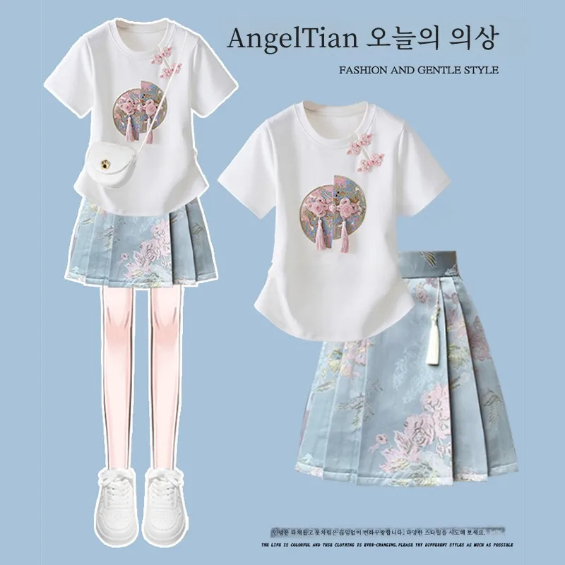 Новинка китайский комплект летняя юбка маленький женский возрастной белый