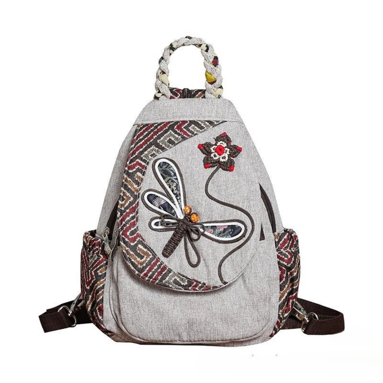 Ethnic wind fabric cotton and linen shoulder bag Joker lightweight multi-layer backpack Chinese style literary fan bag lady bag