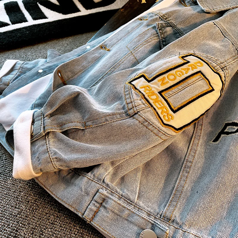 Джинсовая куртка для мальчиков 4-16 лет хлопковая с капюшоном и надписью одежда из