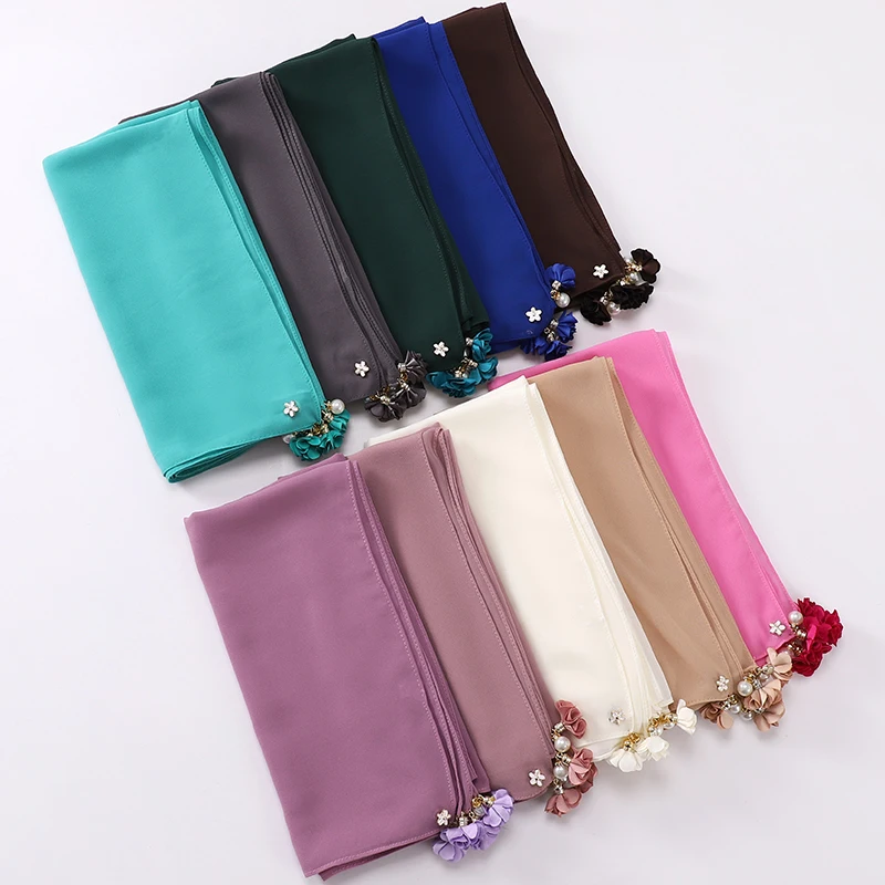 

Luxury Pendant Malaysian Hijab Muslim Square Scarf Pearl Tassel Scarf Plain Tudung Bawal Headband Foulard Female