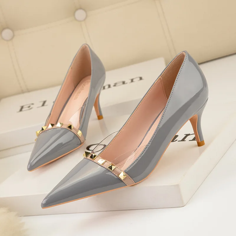 Women Sexy Elegant Heels Slimming Transparent High Heels Stiletto Patent Leather Sandals Low-Cut Pointed-Toe Metal Rivet Shoes