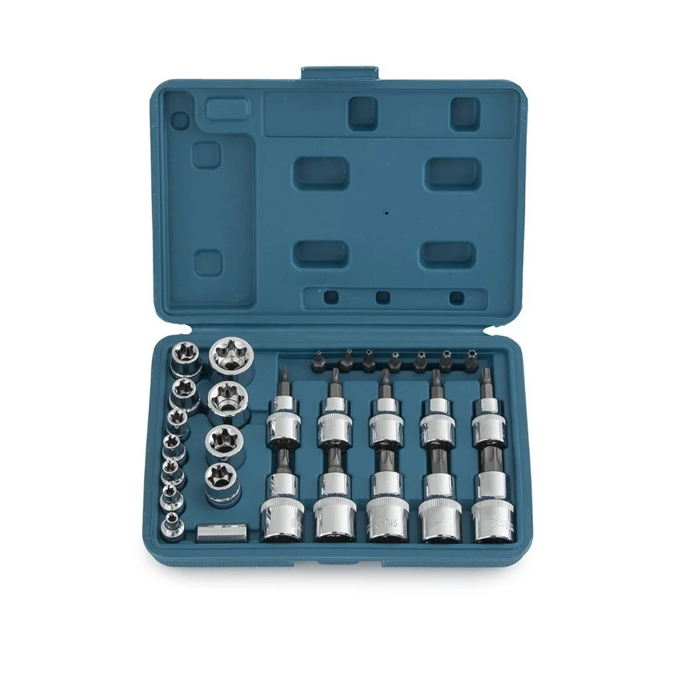 

29Pcs Security Star Torx Socket Bit Set Tamper Proof Ratchet Screwdriver Set 1/4" 3/8" 1/2" Chrome Vanadium Steel