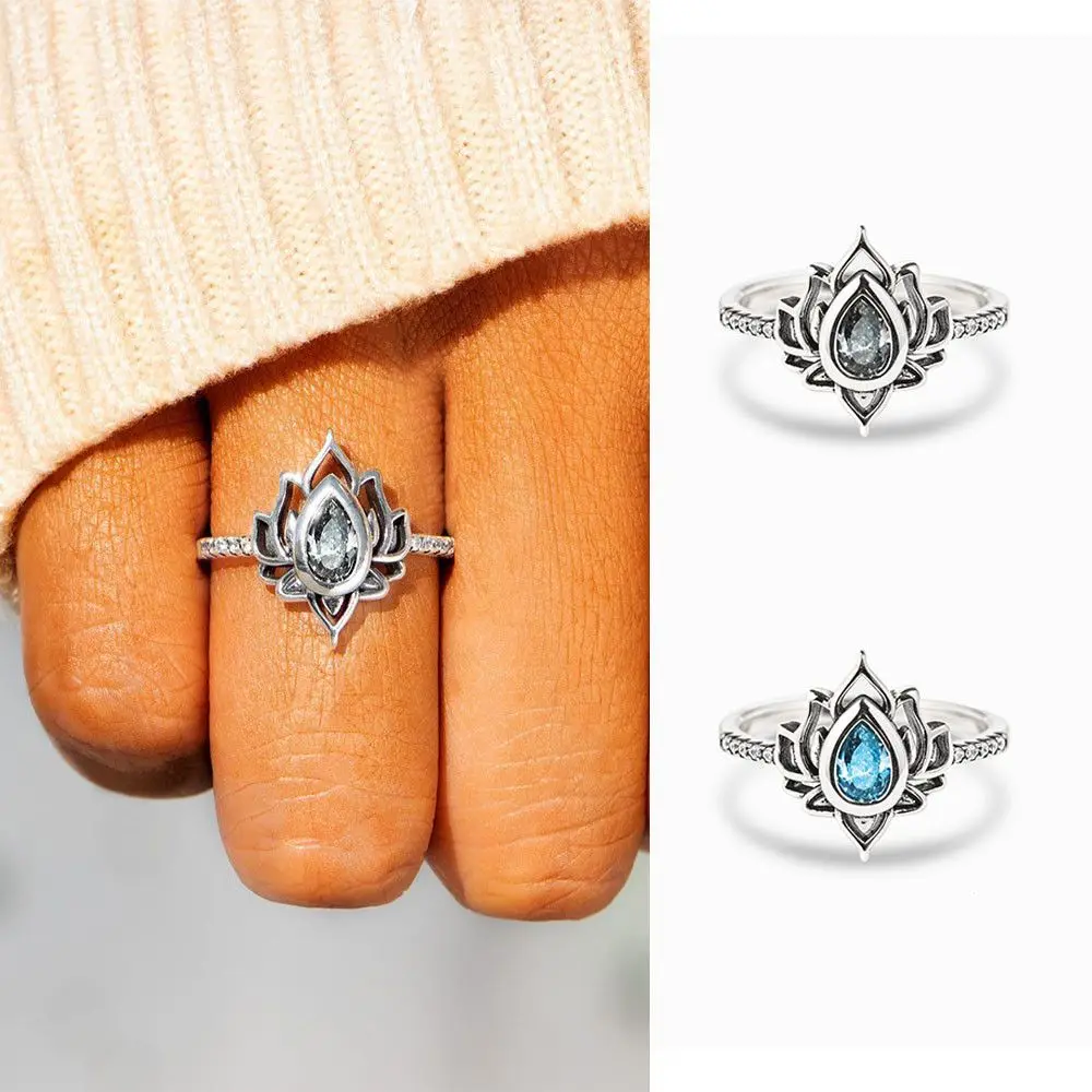 

Boho Vintage Lotus Flower Rings For Women Zircon Crystal Promise Wedding Ring Female Jewelry Gift