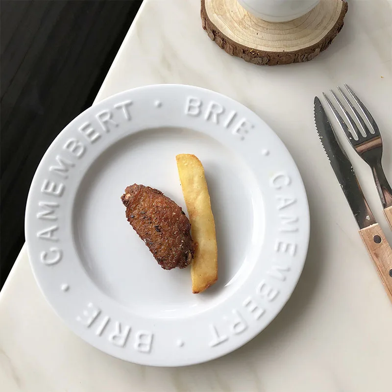 

Nordic Ceramic Plate Antique White Relief Letter Fruit Salad Dessert Plate Afternoon Tea Western Food Plate Wholesale