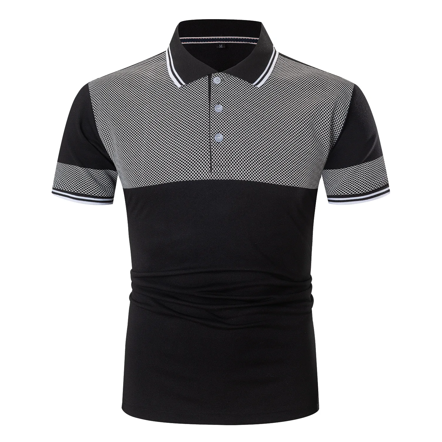 

2022 New Men Summer Fashion Grid Print Splicing Black Polo Shirt Man Casual Short Sleeve Lapel Polos Shirts Male Loose Top