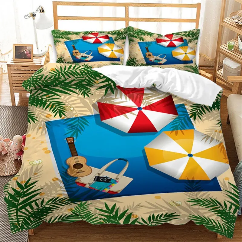 

Bedding Set Microfiber Tropical Landscape Queen Quilt Cover Summer Beach Duvet Cover Hawaiian Vacation Style Seashell Starfish