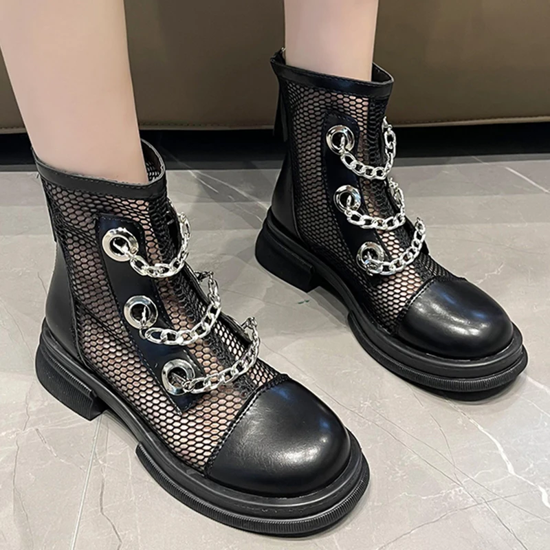 

Rimocy Sexy Black Mesh Ankle Boots Women 2022 Summer Low Heel Breathable Modern Botas Metal Chain Thick Bottom Platform Shoes