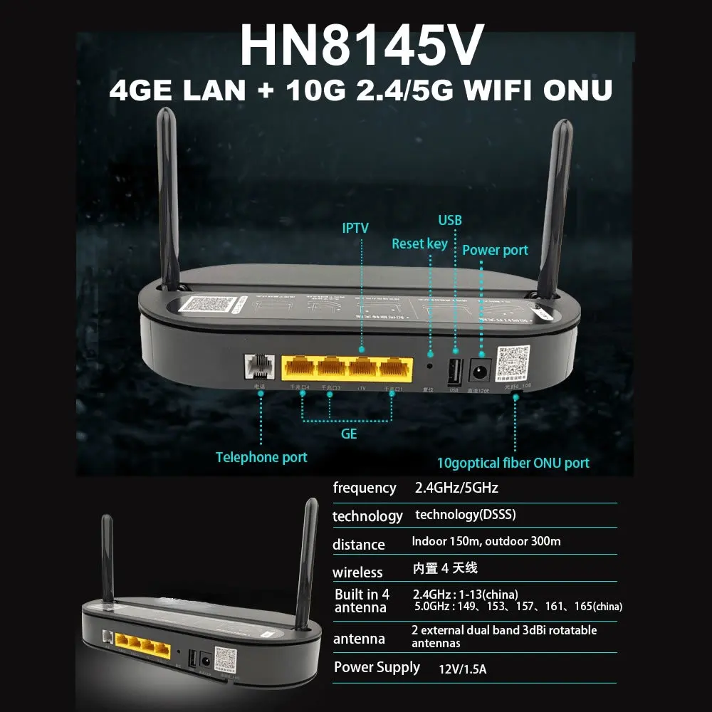 

Brand New 100% Original Hua wei 2.4+5G 10G ONU EPON HN8145V 10-Gigabit Optical Terminal Dual-band Wireless