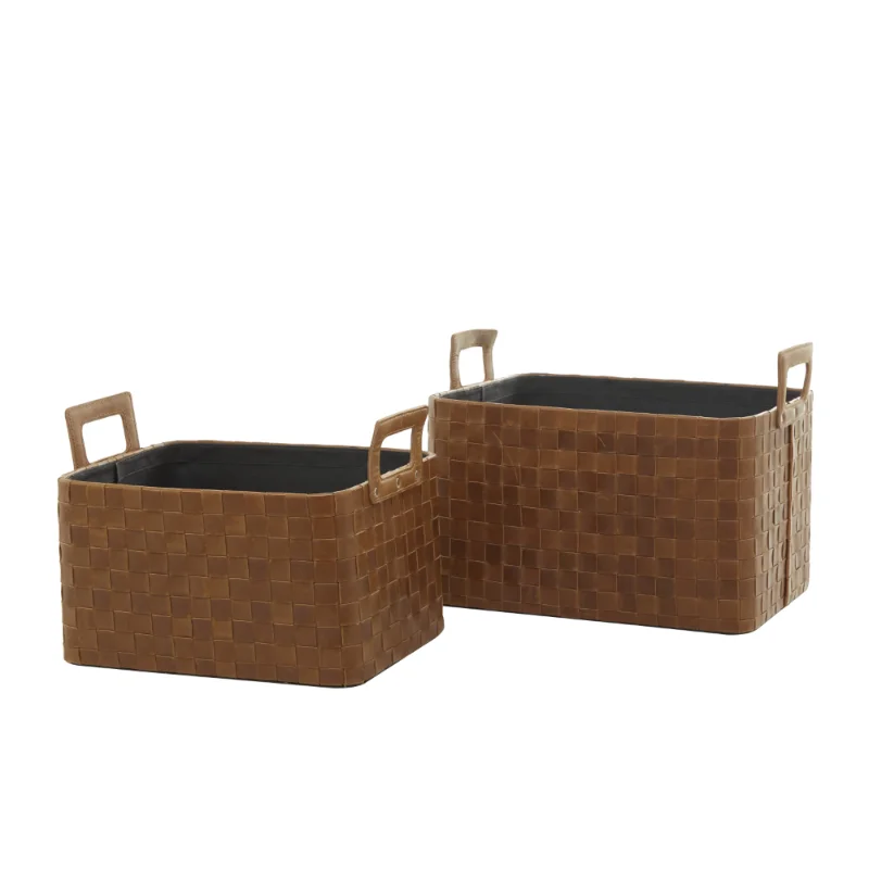 

BOUSSAC 15"W, 14"H Leather Modern Storage Basket with Unique Texture and Niche Characteristics, Brown, 2-Piece