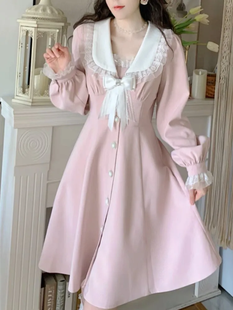 Spring Autumn Sweet Lace Patchwork Kawaii Dress For Women Designer Bow Party Mini Dresses Female 2022 High Waist Button Vestidos