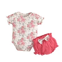0 18m summer baby girl bodysuit shorts suit floral print round neck short sleeve bottom snap jumpsuit bow design shorts sets