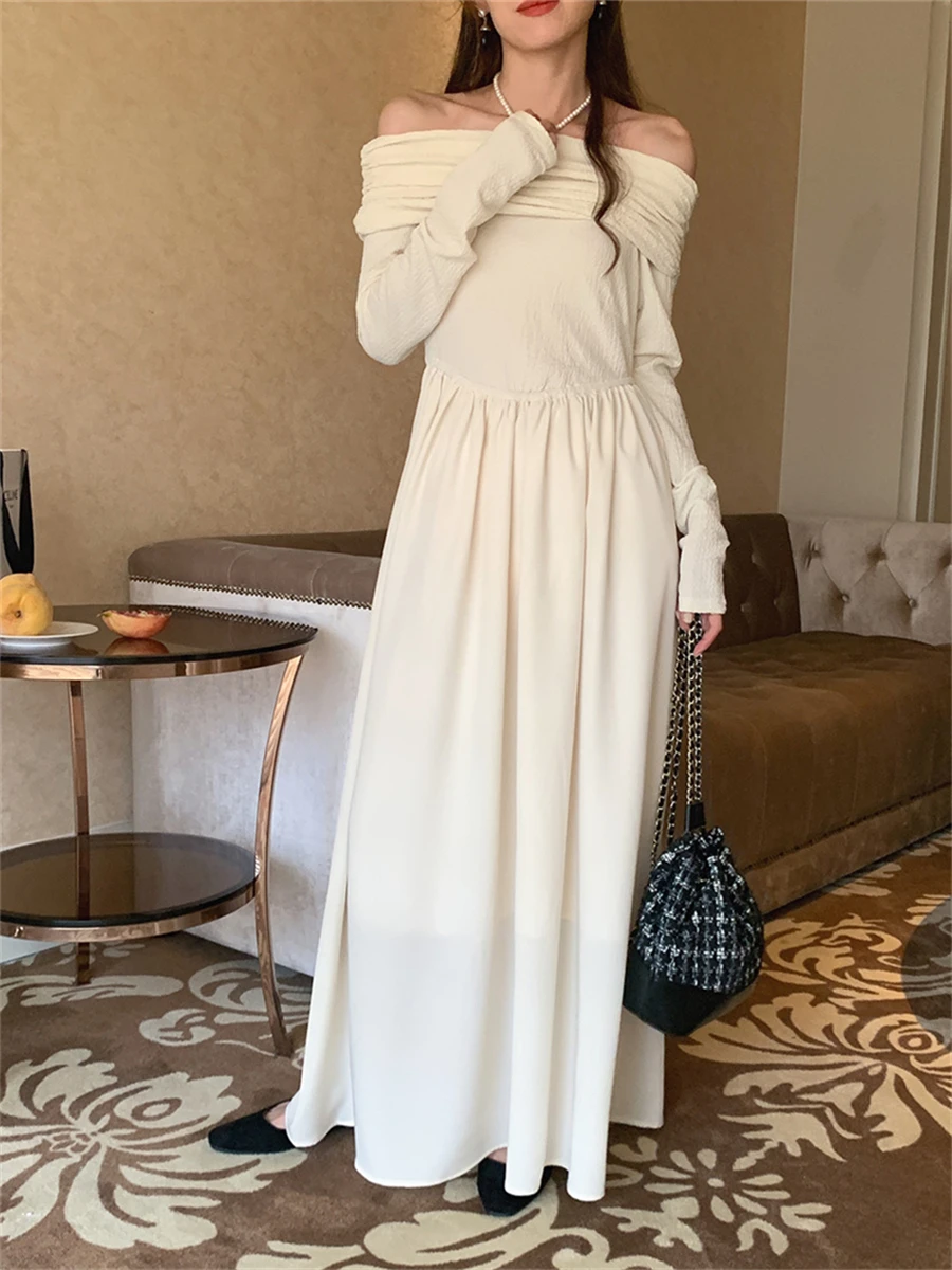 

Spring Party Solid Sexy Slim-Fit Dress Women 2023 Slash Neck Chic New Prom High Waist Full Sleeve Dresses Office Lady Clothes