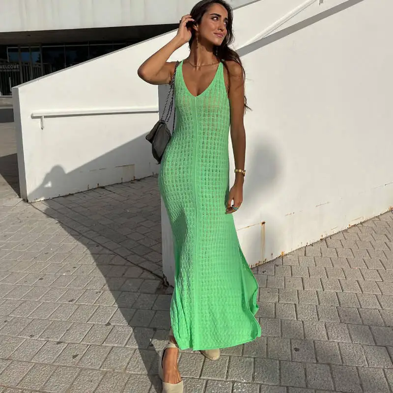 

Sleeveless Knitted Slit Maxi Dress for Women Elegant Outfits Summer Sexy Backless Lace Up Green Dresses Party Club Dresses