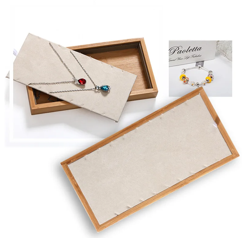 Fashion Bamboo Velvet Jewelry Display Tray Ring Box Earring Necklace Bracelet Pendant Display Organizer Jewelry Storage