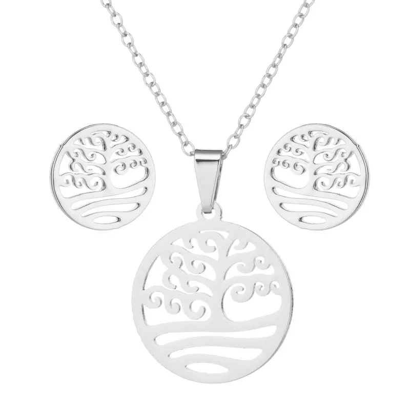 

Still Stainless Steel Geometric Round Life Tree Earrings Necklace Set Female Ins Hollow Personality Clavicle Chain Jewelry