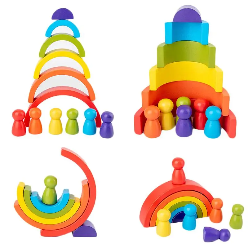 

Montessori DIY Children's Wooden Rainbow Toy Creative Wood Rainbow Stacked Balance Blocks Baby Toy Educational Toys for Children