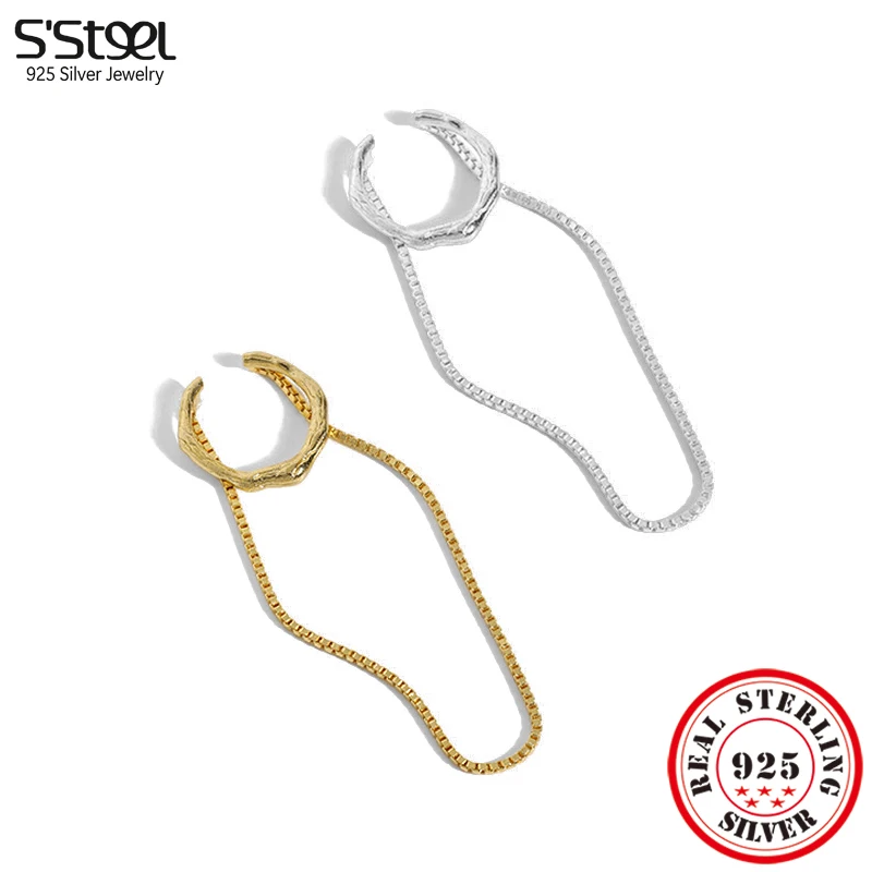 

S'STEEL Sterling Silver 925 C-shaped Design Chain Texture Ear Clip Earrings For Women's Luxury Ear cuffs 2021 Fine Jewellery