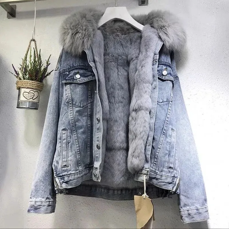 Big Fur Collar Denim Jacket Maternity Women Winter Warm Basic Coat Female Cold Motorcycle Outerwear Fleece Thick Padded Overcoat