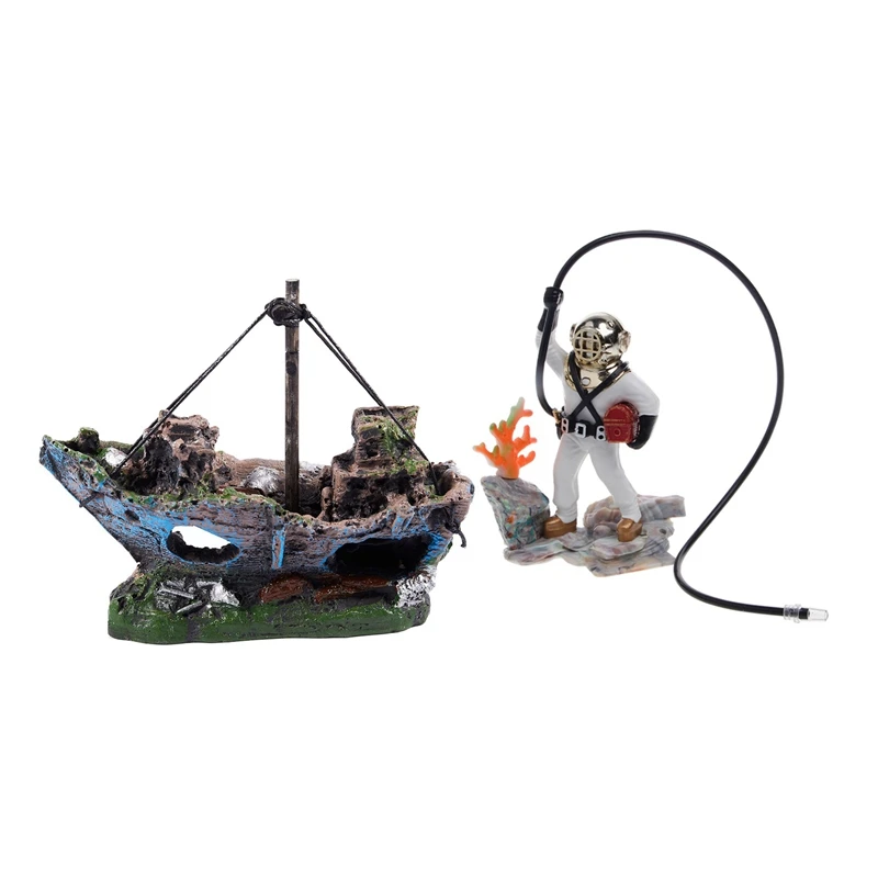 

2 Pcs Aquarium Fish Tank Resin Gift Underwater Decorations For Home Garden, Shipwreck Decoration & Diving Frogman