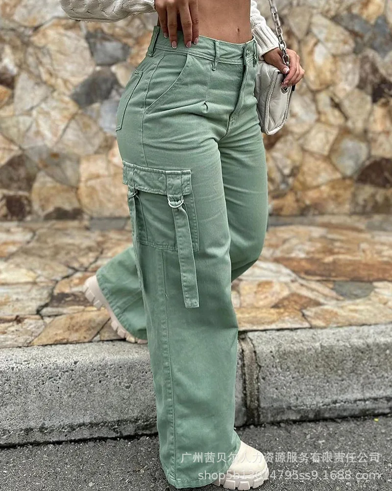 

2023 Fashion military green casual sticker bag cargo straight leg pants