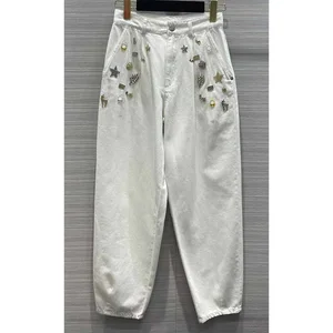 22 Spring Hardware Jeans Women Denim Long Trousers Fashion High Waist Button Fly Gold Button Pure Cotton Harem Pants Streetwear