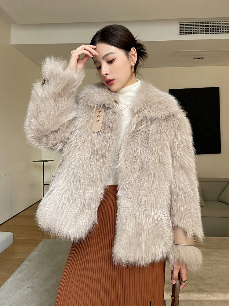 New Women Real Fox Fur Coat Autumn Winter Luxurious Fashion Goose Down Liner Fox Belly Fur Jacket Young Double-faced Fur Coat
