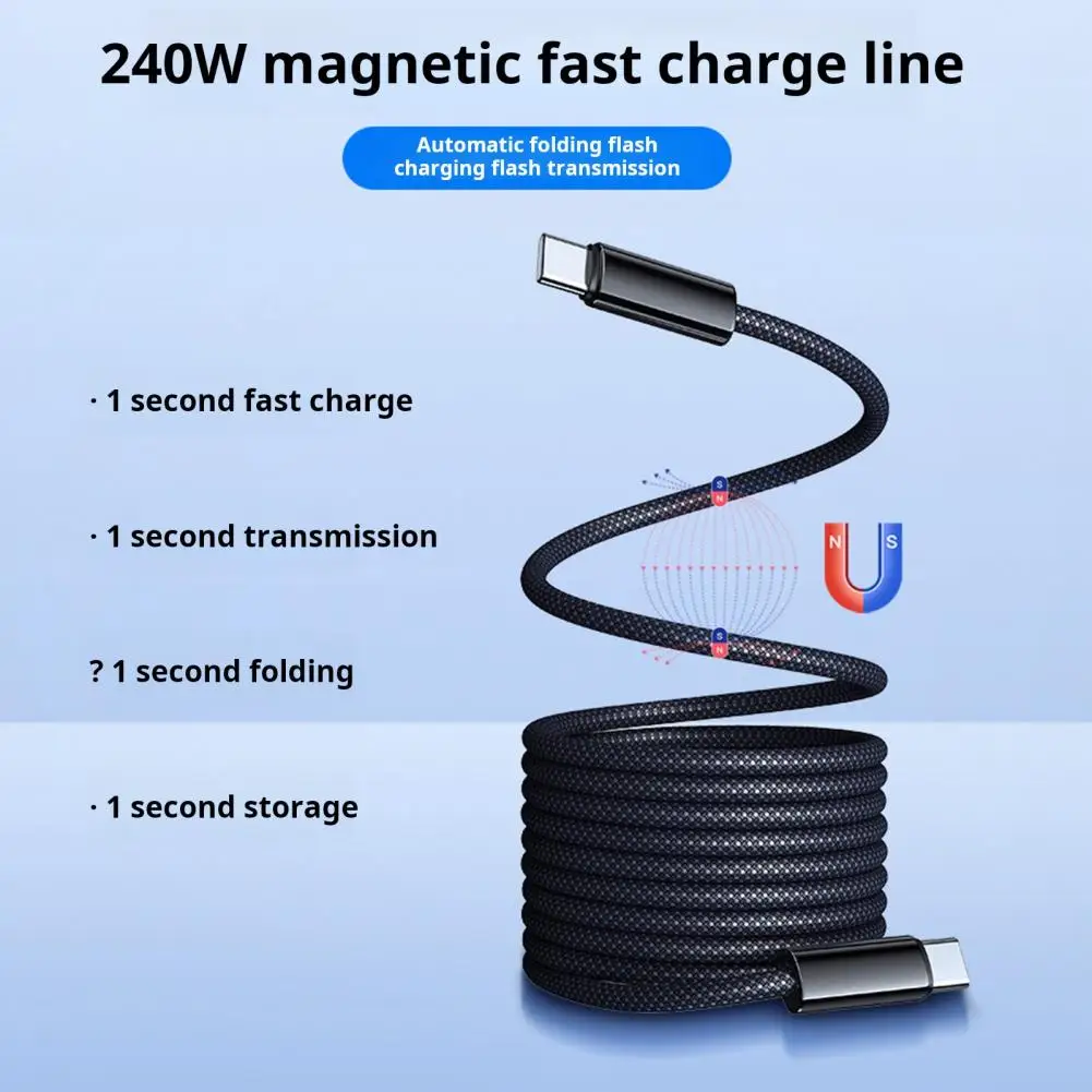 Магнитный кабель для быстрой зарядки 240 Вт оплетка USB C выдвижной не спутывается