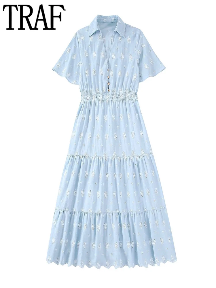 

TRAF Blue Embroidery Long Dress Women Pleated Summer Dresses Woman 2022 Short Sleeve Casual Dresses Ladies Vintage Midi Dress