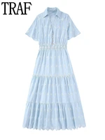 traf blue embroidery long dress women pleated summer dresses woman 2022 short sleeve casual dresses ladies vintage midi dress