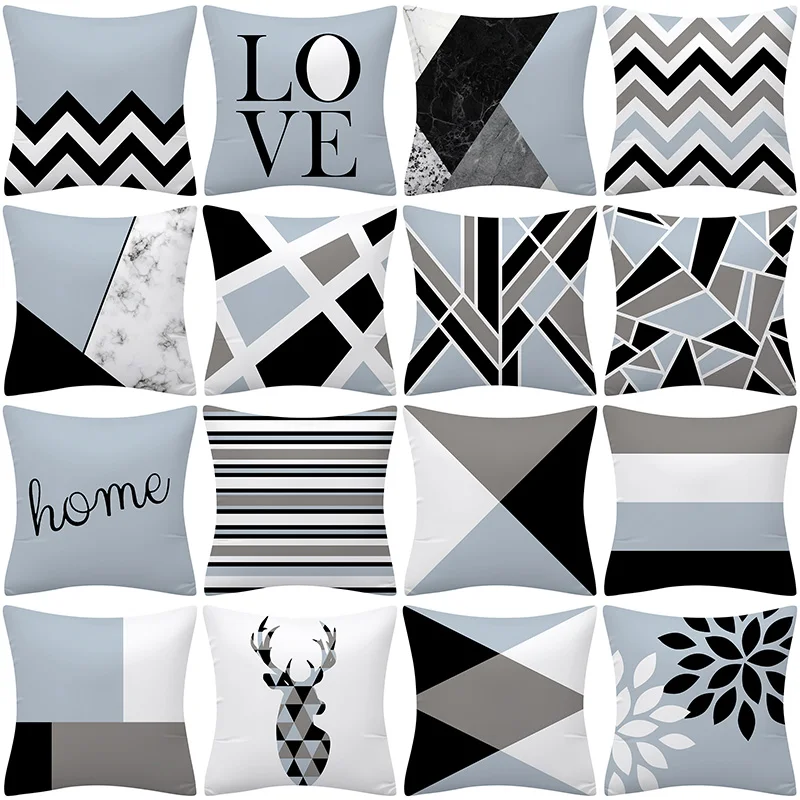 

45x45 см простой геометрический чехол для подушки с буквами, мягкий полиэстер, серый, синий цвет, искусственное сиденье/задняя подушка, поясничная подушка, чехол