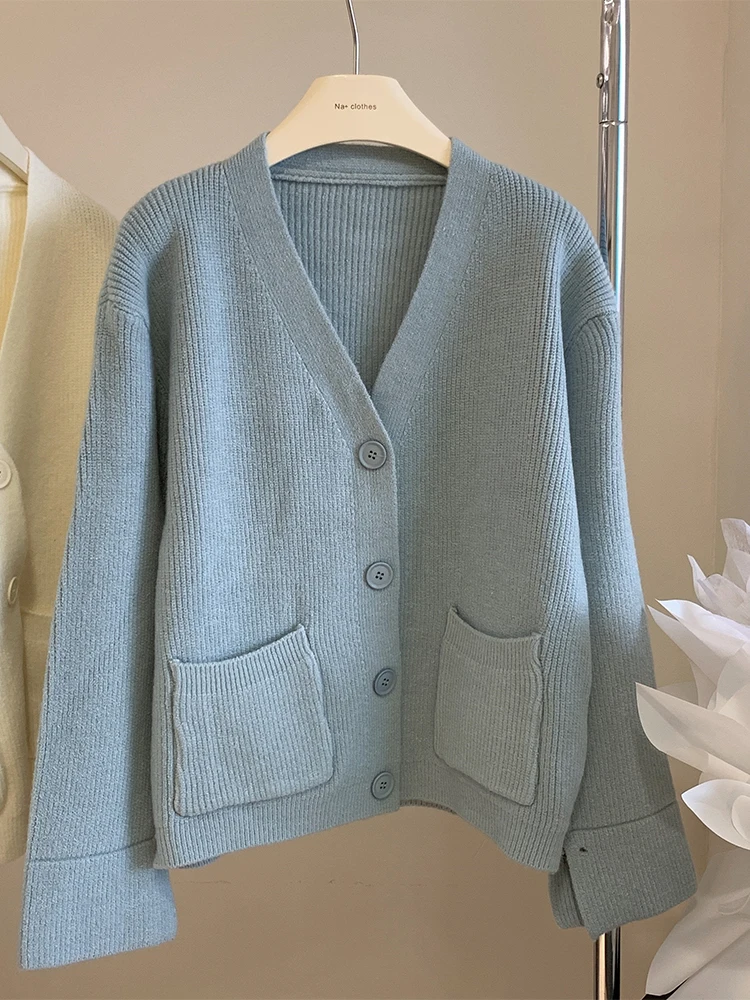 

Мягкий Уютный Однотонный женский трикотажный кардиган с V-образным вырезом, Осень-зима 2022, простой базовый вязаный кардиган, Женский винтаж...