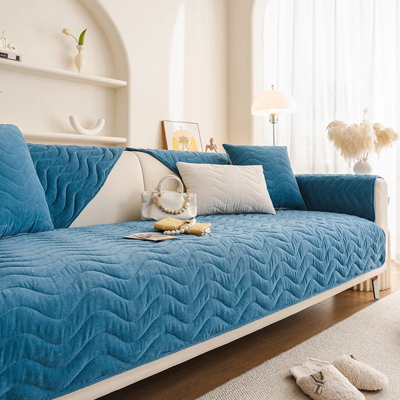Pure Color Wave Pattern Sofa Covers Chenille Couch Cushion for Living Room L-shaped Decorative Sectional Cover