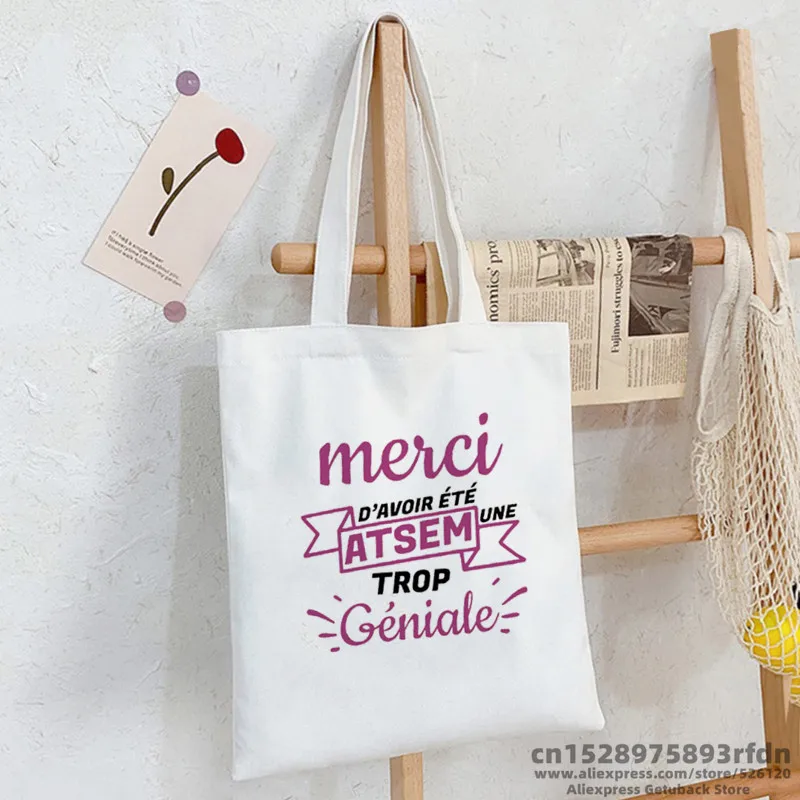 Merci Atsem French Print Fashion Women Canvas Shopping Bag Eco Harajuku Shoulder Bags Personalized Super Atsem School Bags Gifts