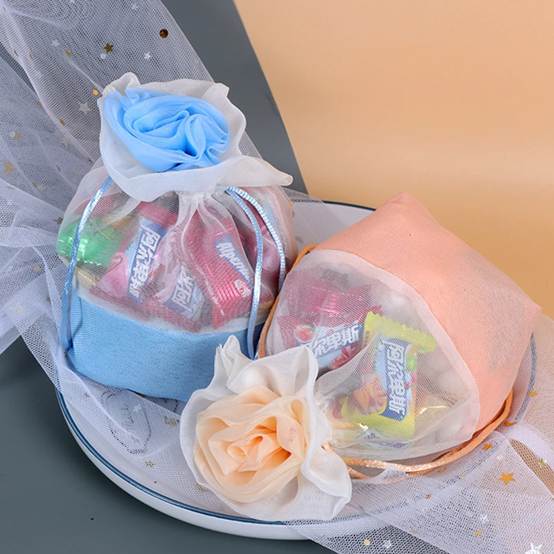 

20Pcs Gift Bag Wedding Party Yarn Candy Gift Bags Rose Drawstring Candy Dragees Packaging Bags Pouches Christmas Party Supplies