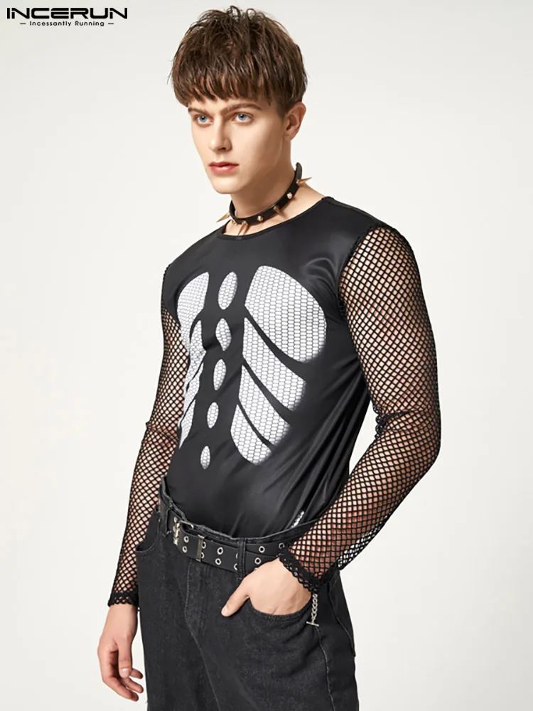 

Stylish Hot Sale Funny Tops INCERUN Men Skeletal Pattern Printing T-shirts Fashion Sleeve Splice Mesh Long Sleeve Camiseta S-5XL
