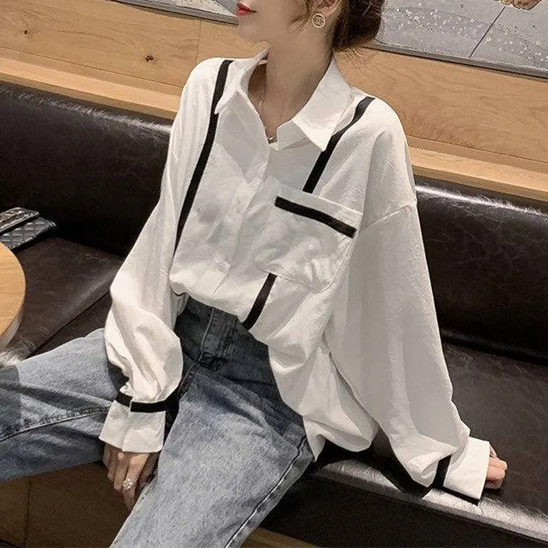 

Female Clothing Korean Solid Color Shirt Bright Line Decoration Casual Pockets Spliced Spring Long Sleeve Single-breasted Blouse