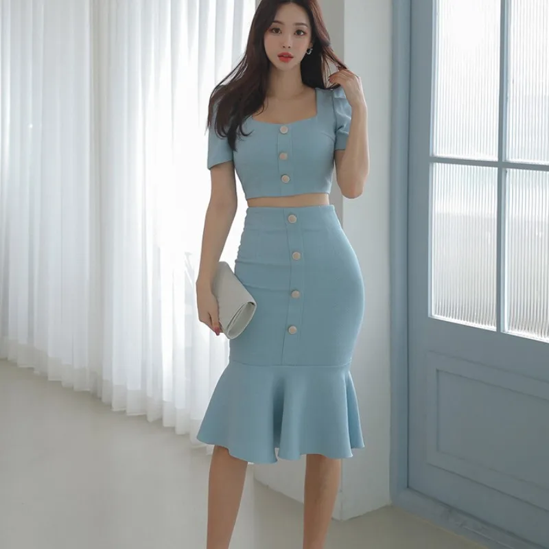 

Новинка 2023, женский модный комплект из двух предметов кроп-топ + облегающая юбка-годе с высокой талией, корейский офисный костюм OL
