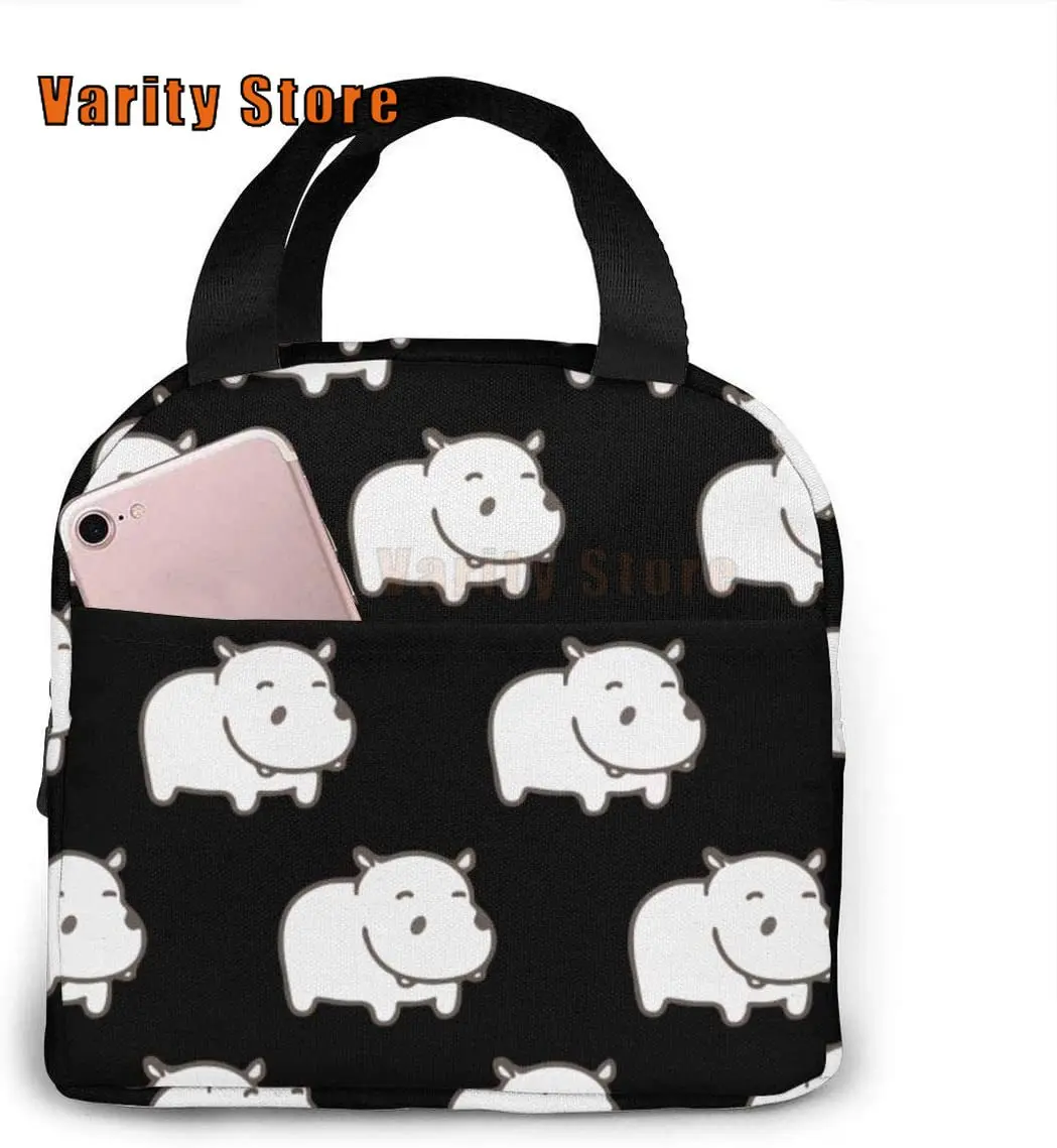 

Cartoon Hippo Reusable Insulated Lunch Bag Cooler Tote Box With Front Pocket Zipper Closure For Woman Man Work Picnic