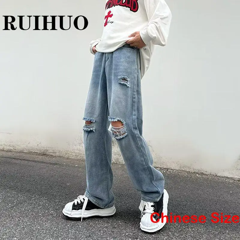 

RUIHUO Straught Distressed Jeans For Men Clothings Cargos Pants Mens Jeans Street Wear Chinese Size 3XL 2023 Spring New Arrivals