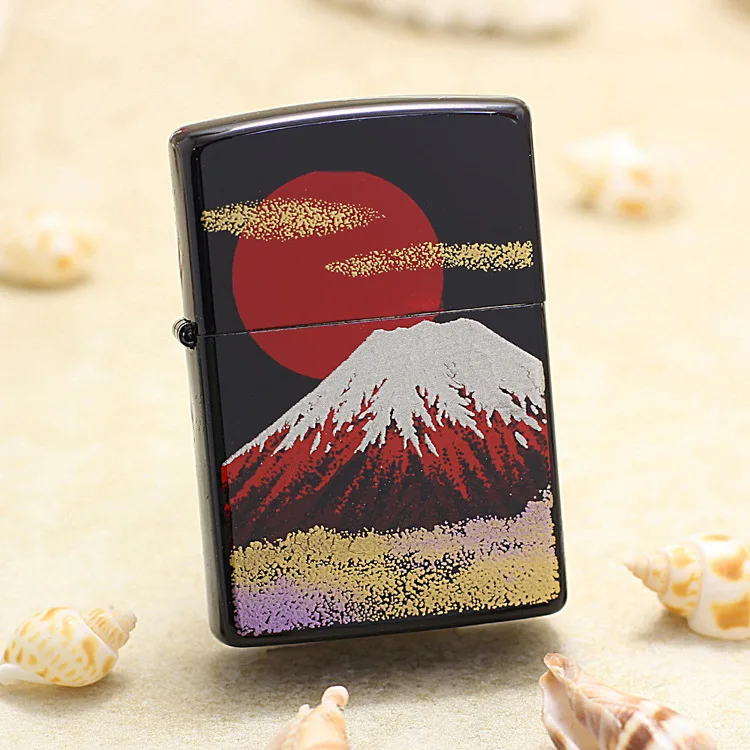 

Genuine Zippo oil lighter Mount Fuji in black paint copper windproof cigarette Kerosene lighters Gift anti-counterfeiting code
