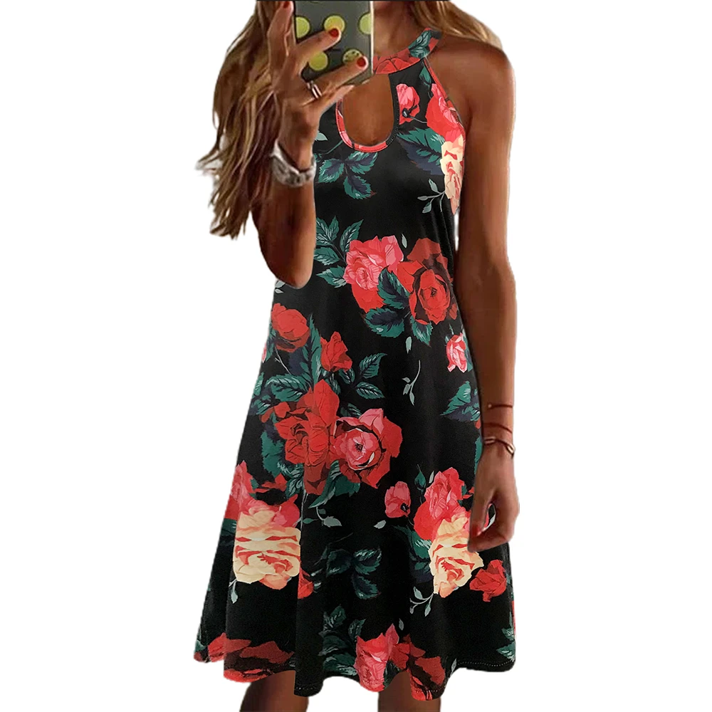 

Женское Повседневное платье без рукавов с цветочным принтом, модное летнее платье-трапеция без рукавов, элегантные свободные платья, лето ...