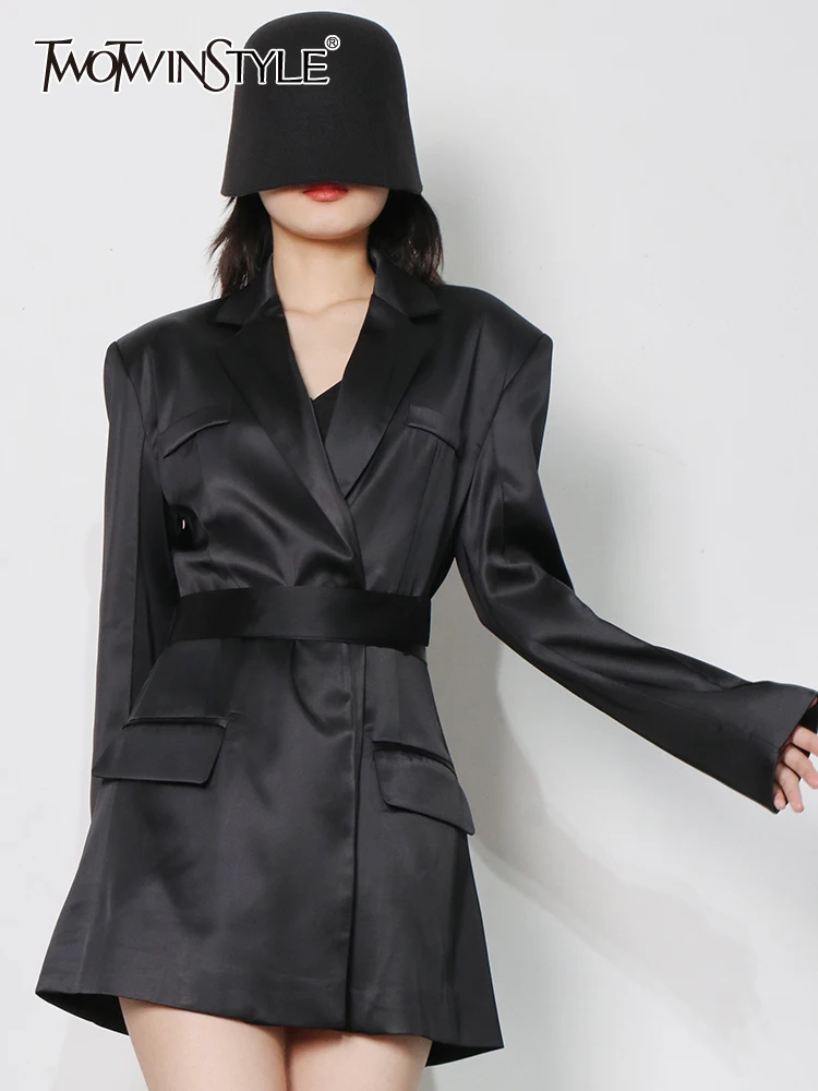 

TWOTWINSTYLE Solid Dress For Women Notched Collar Long Sleeve High Waist Minimalist Mini Dresses Female Fashion Clothing Style