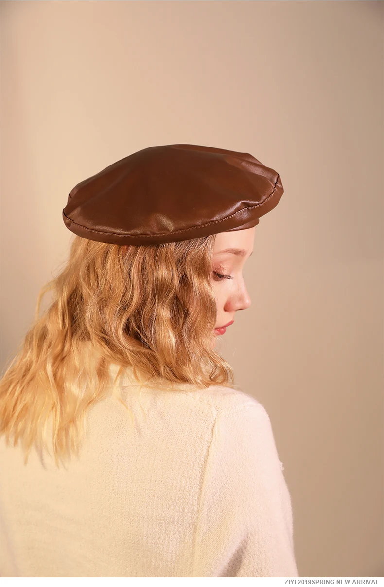 

2022 Spring and Autumn New style PU Beret Octagonal cap Whole colored hat Fashion return peaked cap for women