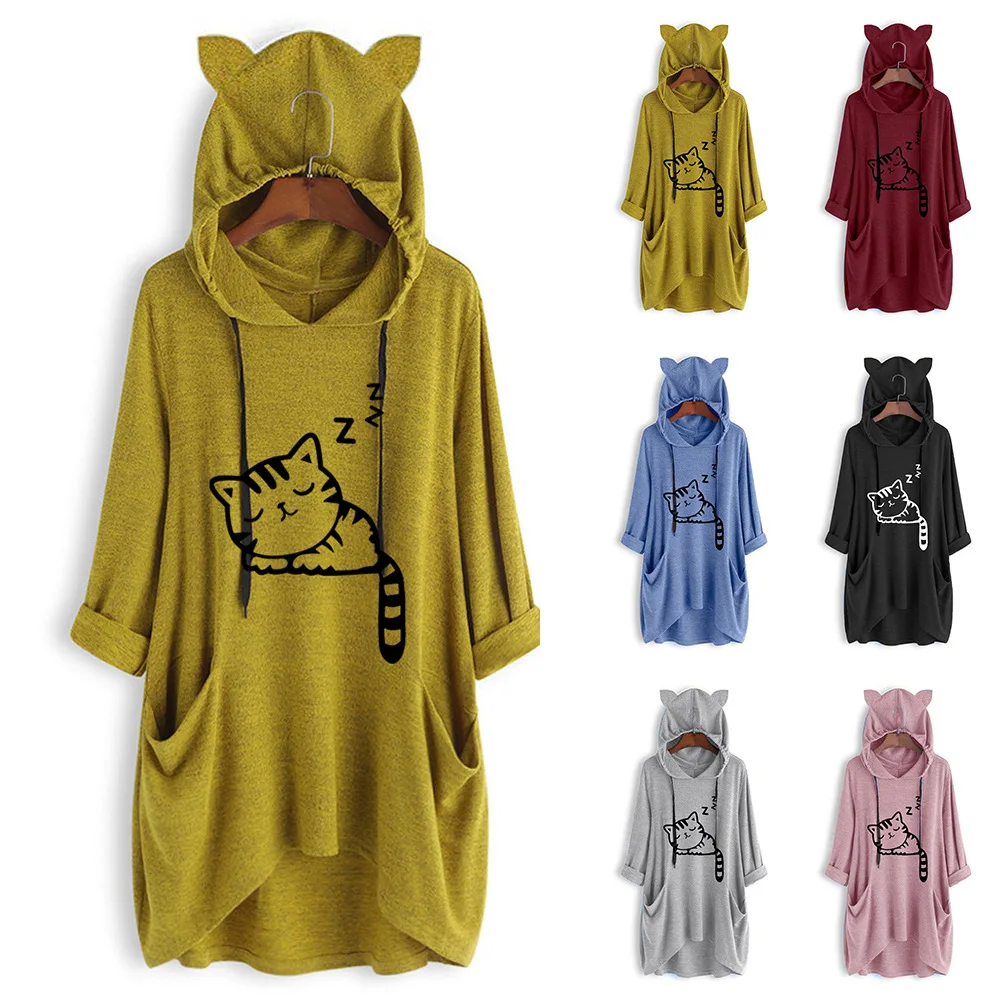 

Весенне-осенний женский новый свитер с капюшоном, пуловер, свободный Женский Повседневный Топ с принтом, милый топ