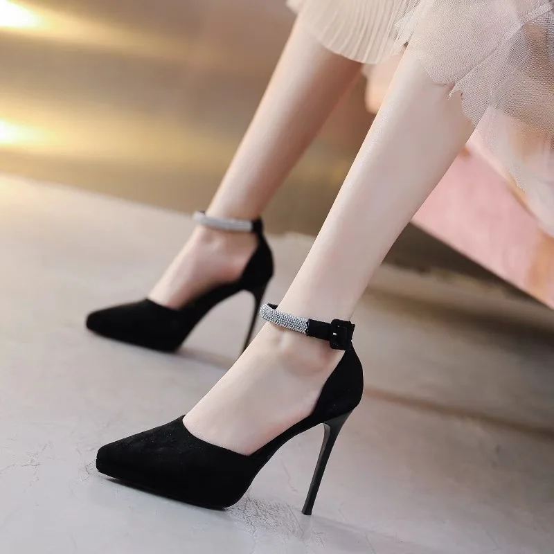 Туфли женские на высоком каблуке-шпильке, пикантные элегантные туфли с пряжкой, на шнуровке, повседневная Вечерние ничная обувь, черные, лет...