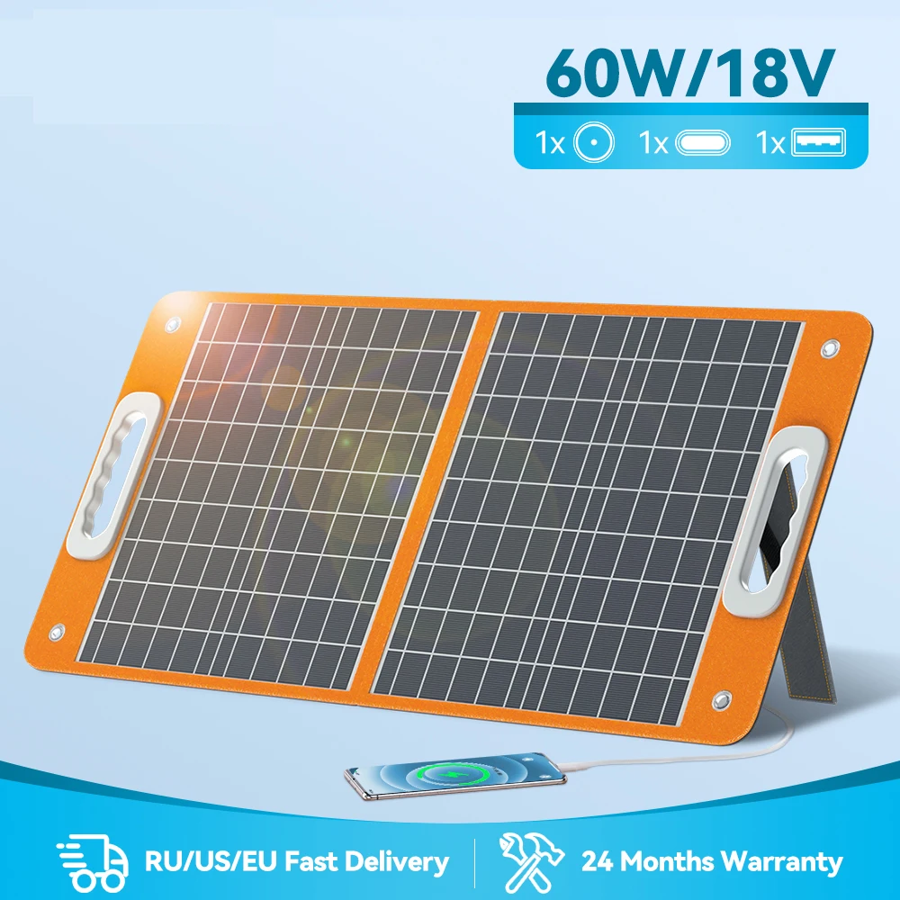

Foldable Solar Panel 60W 18V Portable Solar Charger with DC Output USB-C QC3.0 for Phones Tablets Van RV Trip Camping