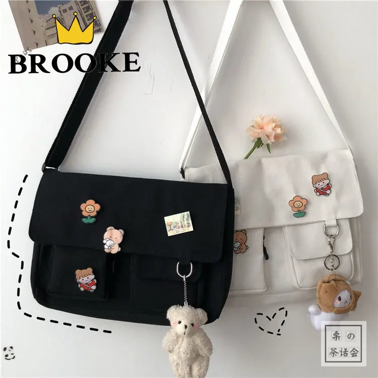 

Женская Холщовая Сумка через плечо, повседневные сумки на плечо для девушек, дорожная сумка-мессенджер, школьная сумка для студентов с искусственной подвеской